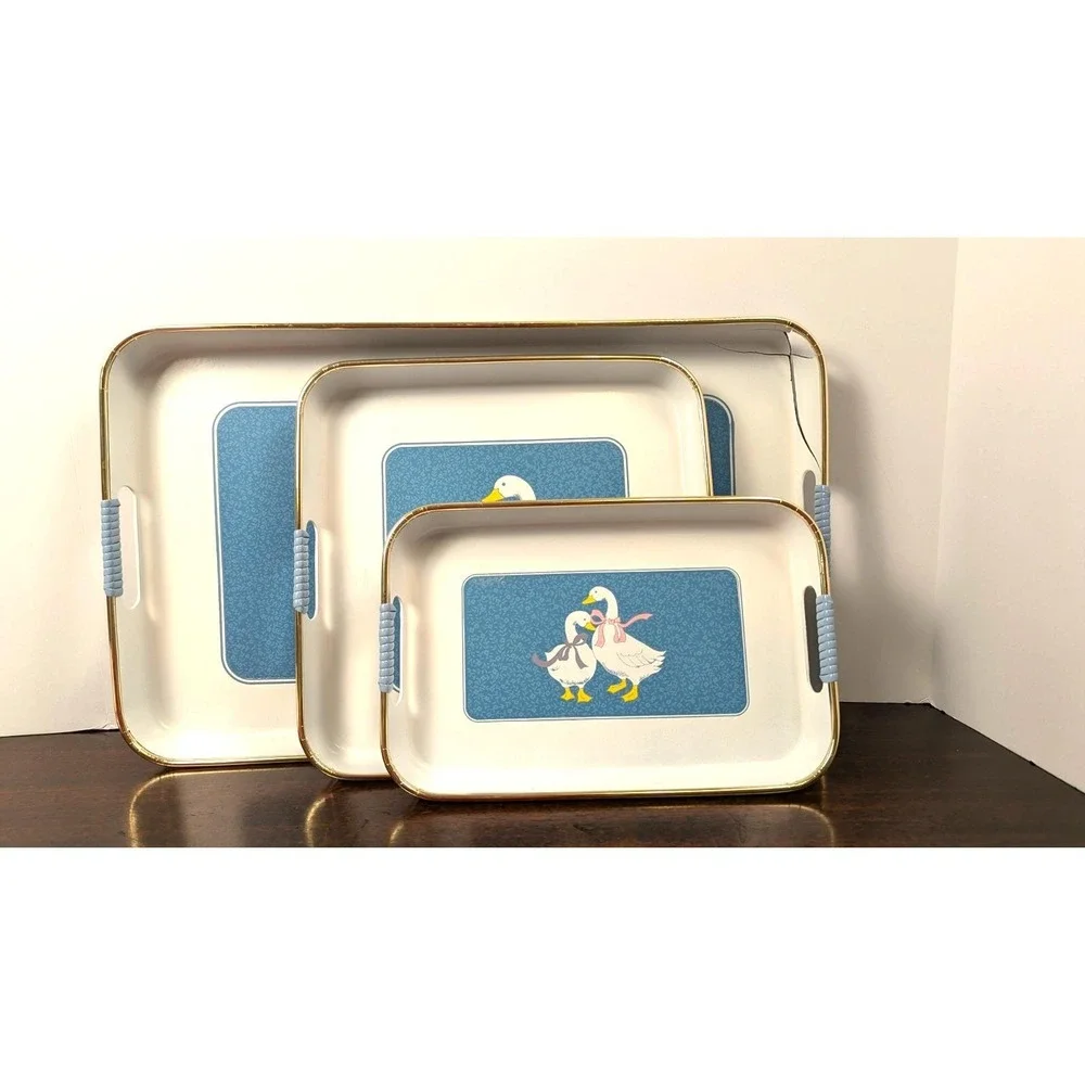 Vintage Made in Japan Serving Trays Ducks Geese Blue Gold Trim Set of 3